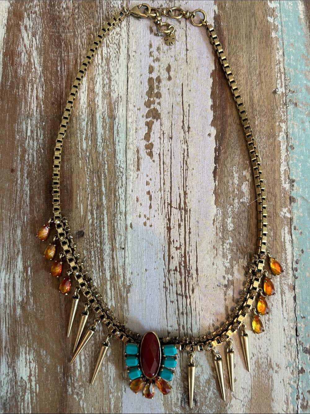 Lucky Brand Southwest Necklace w Spikes, Turquoise, Orange & Red Cabochons - Picture 10 of 12